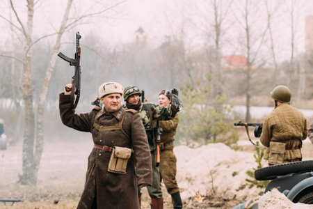 Re-enactor Dressed As Russian Soviet Red Army Soldiers Of World War II