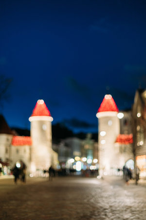 Tallinn, Estonia. Abstract Natural Blurred Boke Bokeh Background Of Landmark Viru Gate In Lighting...