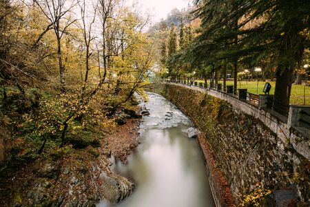 Borjomi, Samtskhe-Javakheti, Georgia. Scenic View Of Autumn Borjomula Mountain River. Landscape With Long Exposure. Nobodyの写真素材