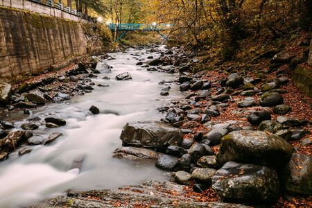 Borjomi, Samtskhe-Javakheti, Georgia. Scenic View Of Autumn Borjomula Mountain River. Landscape With Long Exposure. Nobodyの写真素材