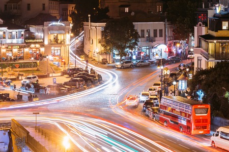 Tbilisi, Georgia. Evening Night Scenic Aerial View Of Historic District Abanotubani.のeditorial素材