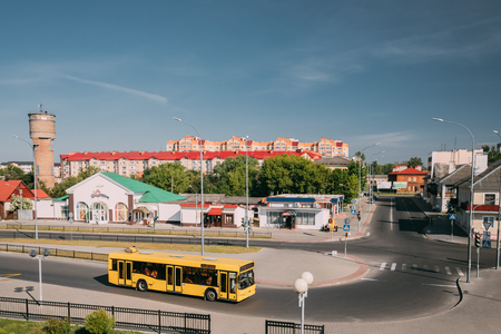 Brest, Belarus. Yellow Public Bus Is At Bus Stop Near Brest Centralのeditorial素材