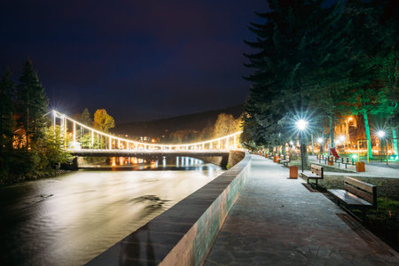 Borjomi, Samtskhe-Javakheti, Georgia. Night View Of Bridge Of Beauty Over Kura River Passing Through City.の写真素材