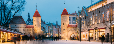 Tallinn, Estonia. Famous Landmark Viru Gate In Street Lighting At Evening Or Night Illumination. Christmas, Xmas, New Year Holidayのeditorial素材