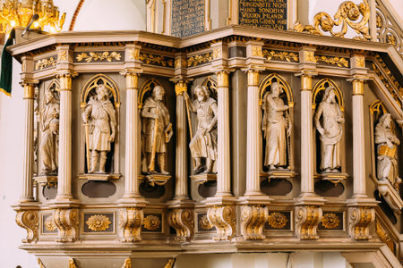Riga, Latvia - July 2, 2016: Interior Of The Riga Dom Dome Cathedral Church. Decorative Elements, Statues On The Pulpit. Indoorのeditorial素材