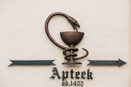 Tallinn, Estonia. Logo Sign Tittle Of Town Hall Pharmacy Raeapteekのeditorial素材