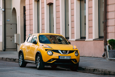 Vilnius, Lithuania, Eastern Europe. Yellow Color Car Nissan Jukeのeditorial素材