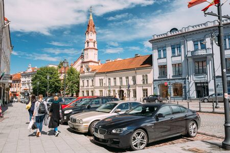 Vilnius, Lithuania. Young Women People Walking In Rotuses Streetのeditorial素材