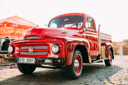 Prague, Czech Republic - September 23, 2017: Front View Of Red International Harvester R-series Truck Parked In Street.のeditorial素材