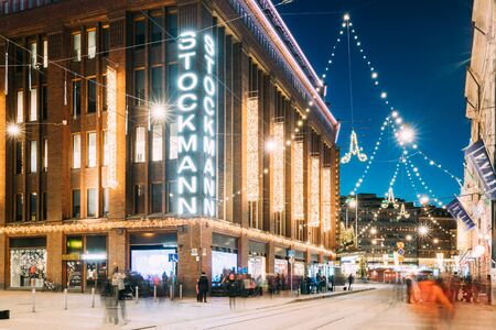 Helsinki, Finland - December 6, 2016: Building Of Stockmann Department Store On Aleksanterinkatu Street In Evening Or Night Christmas Xmas New Year Festive Illumination. It Is Finnish Company Of Retail Trade.のeditorial素材