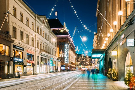 Helsinki, Finland - December 6, 2016: Night View Of Aleksanterinkatu Street With Railroad In Kluuvi District In Evening Christmas Xmas New Year Festive Illumination.のeditorial素材