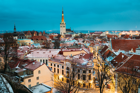 Traditional Old Architecture Cityscape In Historic District Of Tallinnの写真素材