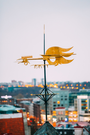 Tallinn, Estonia, Europe. Close Up Of Cock-rope Weather Vane On Roofの写真素材