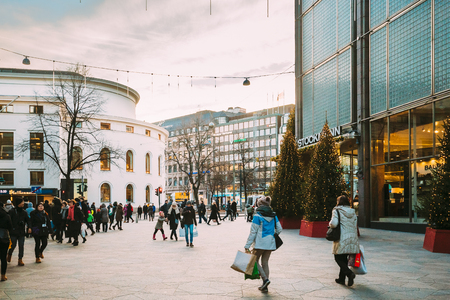 Helsinki, Finland. People Walking Near Stockmann Department Store