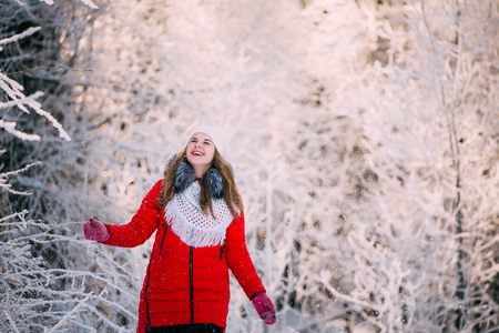Young Beautiful Pretty Caucasian Girl Woman Dressed In Red Jackeの写真素材