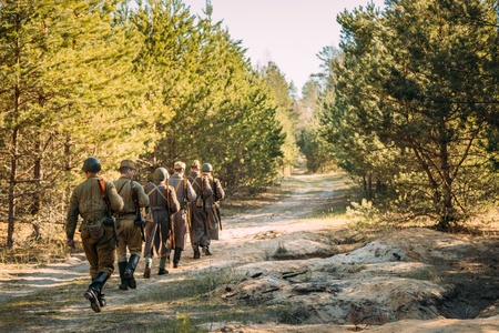 Group Of Re-enactors Dressed As Soviet Russian Red Army Infantryの写真素材