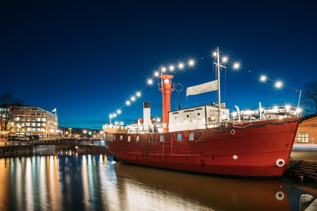 Helsinki, Finland. Moored Steamboat Restaurant In Evening Nightの写真素材