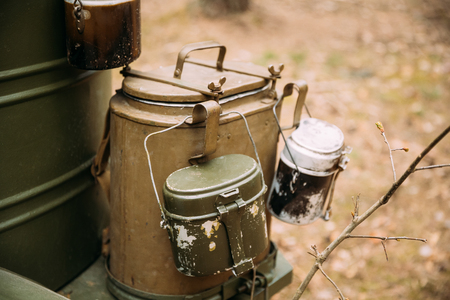 Old Russian Soviet World War II Marching Pot Dixie. WWII Military Equipment Of Red Army.の写真素材