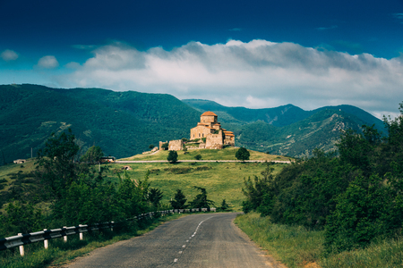 Mtskheta, Georgia. Road Going To Jvari, Georgian Orthodox Monastery, World Heritage By UNESCO. Beautiful Mountain Landscape And Ancient Templeの写真素材