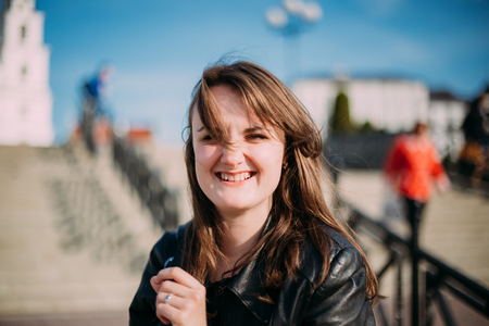 Young Beautiful Pretty Happy Caucasian Girl Woman Having Fun, Enの写真素材