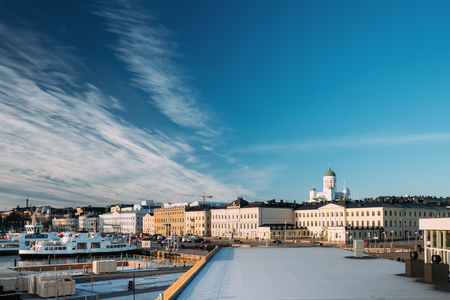 Helsinki, Finland. View Of Street With Presidential Palace And Helsinki Cathedral In Sunny Winter Day.の写真素材