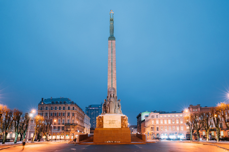 Riga, Latvia. Night View Of Memorial Freedom Monument At Freedomの写真素材