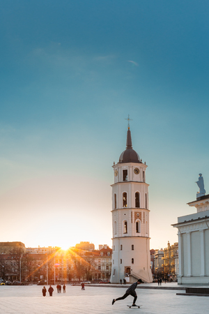 Vilnius, Lithuania. Young Man Is Riding A Skateboard During Sunsのeditorial素材