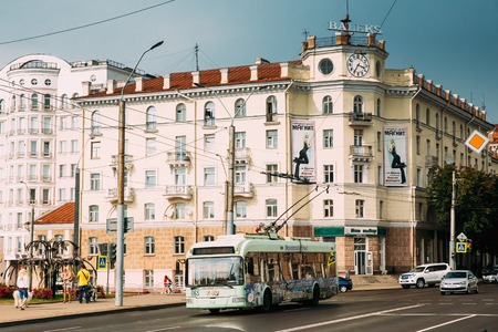 Mogilev, Belarus. City Trolleybus Moving On Pervomayskaya Streetのeditorial素材