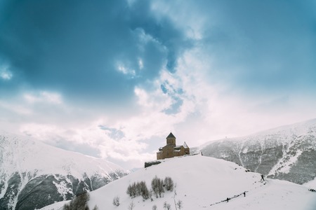 Stepantsminda, Gergeti, Georgia. Famous Gergeti Trinity Tsmindaの写真素材