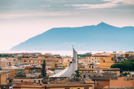 Terracina, Italy. Church Of Parrocchia San Domenico Savio With Circeo Promontory And Tyrrhenian Sea In Backgroundの写真素材