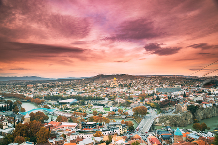 Tbilisi, Georgia. Skyline Cityscape Of Autumn Old Town. Central Part Of City With Famous Landmarks.の写真素材