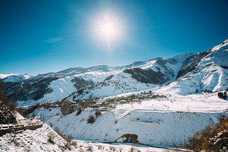 Zemo Mleta, Mtskheta-Mtianeti Region, Georgia. Village Zemo Mleta During Sunny Winter Day. Beautiful...