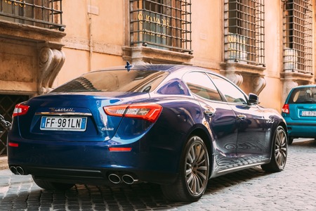 Rome, Italy. Blue Color Maserati Ghibli M157 Car Parked At Streetのeditorial素材