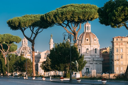 Rome, Italy. Via Dei Fori Imperiali Street In Sunny Summer Morning. View On Church Of Most Holy Name Of Mary At Trajan Forumの写真素材