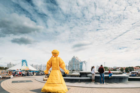 Minsk, Belarus - September 3, 2016: Statue stylized as an old Belarusian straw doll. Straw Dolls Are Most Popular Souvenirs From Belarus.のeditorial素材