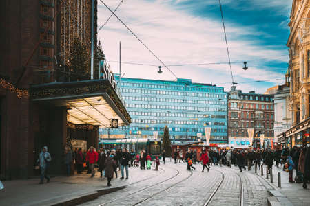Helsinki, Finland - December 10, 2016: People Walking Near Stockmann Department Store On Aleksanterinkatu Street In Christmas Xmas New Year Festive Decorations. It Is Finnish Company Of Retail Tradeのeditorial素材