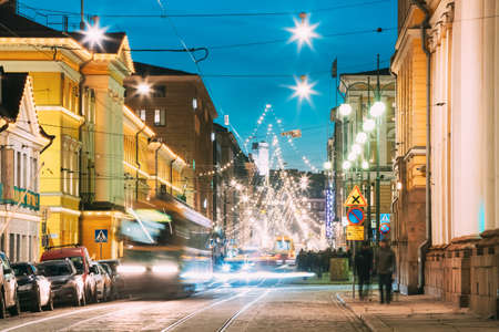 Helsinki, Finland - December 10, 2016: Night Evening Christmas Xmas New Year Festive Illumination On Aleksanterinkatu Street. Beautiful Street Decorations During Winter Holidays.のeditorial素材