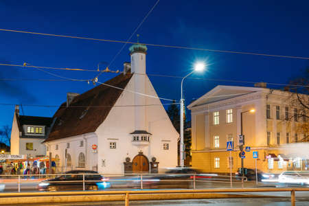 Tallinn, Estonia. View Of Seventh-day Adventist Church At Sea Boulevard In Evening Night Illuminationsのeditorial素材