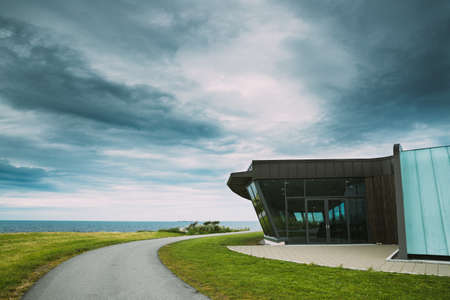 Alnesgard, Godoya, Norway - June 20, 2019: Visitor Center Near Alnes Lighthouse In Summer Day In Godoy Island Near Alesund Town. Alnes Fyr.のeditorial素材