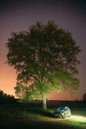 Gomel, Belarus - May 1, 2019: Night Starry Sky Above Car Renault Duster. SUV parked near lonely tree in night forest.のeditorial素材