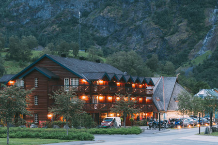 Flam, Norway - June 14, 2019: Wooden Hotel In Norwegian Countryside In Summer Night.