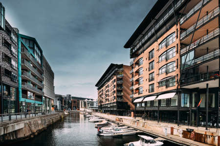 Oslo, Norway - June 24, 2019: View Of Residential Multi-storey Houses In Aker Brygge District In Summer Evening. Famous And Popular Place.のeditorial素材