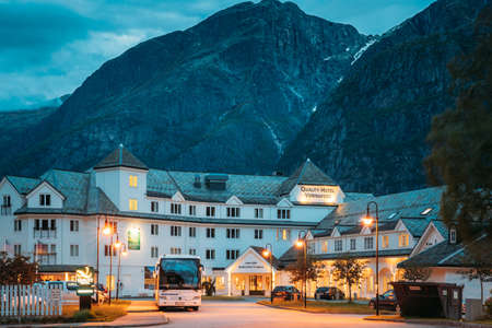 Eidfjord, Hordaland County, Hardanger Region, Hardangerfjord, Norway. Wooden Quality Hotel Voringfoss In Norwegian Countryside In Summer Night.のeditorial素材