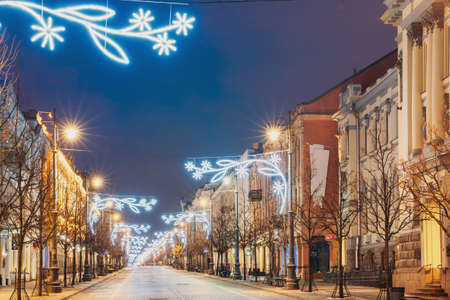 Vilnius, Lithuania. Gediminas Avenue Or Gedimino Street In Evening Christmas Xmas New Year Illuminationsのeditorial素材