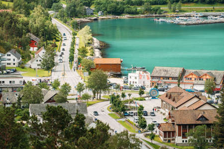 Eidfjord, Hordaland County, Hardanger Region, Hardangerfjord, Norway - June 13, 2019: Aerial View Of Central Street Of Eidfjord Town.のeditorial素材