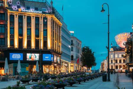 Oslo, Norway. Night View Of Karl Johans Street. Famous And Popular Place In Summer Evening.のeditorial素材