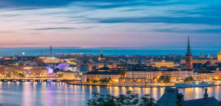 Stockholm, Sweden - June 29, 2019: Night Skyline With Famous Landmarks. Panorama, Panoramic View Of Stockholm Cityscape. Famous Landmarks, UNESCO World Heritage Site.のeditorial素材