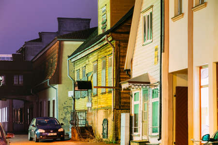 Parnu, Estonia. Night View Of Old Wooden Houses At Hospidali Street In Evening Night Illuminationsのeditorial素材