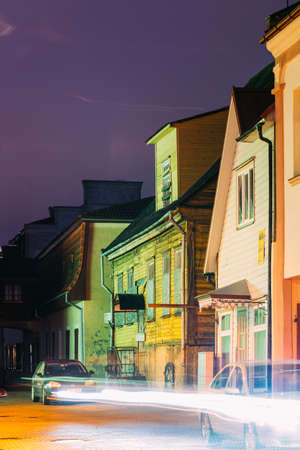 Parnu, Estonia. Night View Of Old Wooden Houses At Hospidali Street In Evening Night Illuminationsのeditorial素材