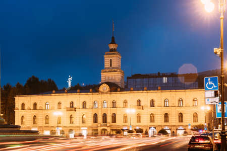 Tbilisi, Georgia. Tbilisi City Hall In Freedom Square In City Center. Clock-towered Edifice. It Houses The Mayorâs Office And City Assembly. Famous Landmark In Night Lightingのeditorial素材